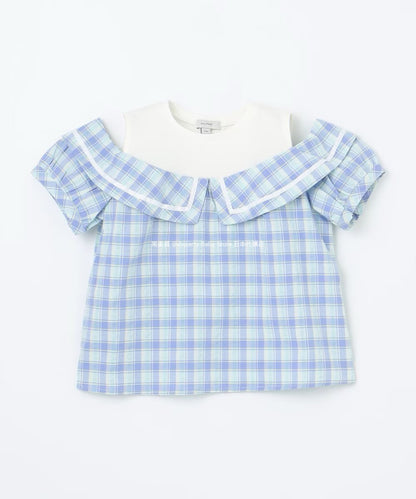 Japanese children's clothing aF#a325 plaid off-the-shoulder top 110-160cm girls summer TOPS 