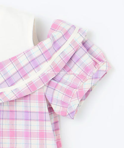 Japanese children's clothing aF#a325 plaid off-the-shoulder top 110-160cm girls summer TOPS 