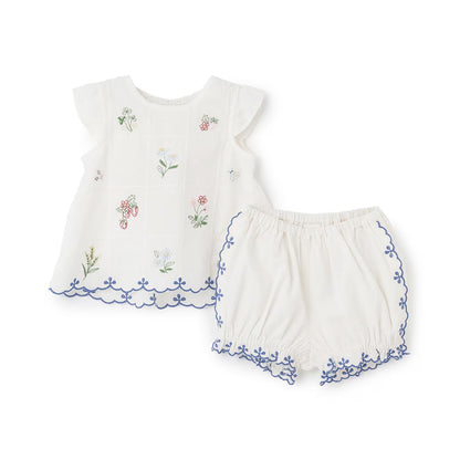 日本童裝 pe#main 達尼卡爾刺繡兩件套裝 70-80cm 女童款 初生嬰兒 夏季 TOPS PANTS
