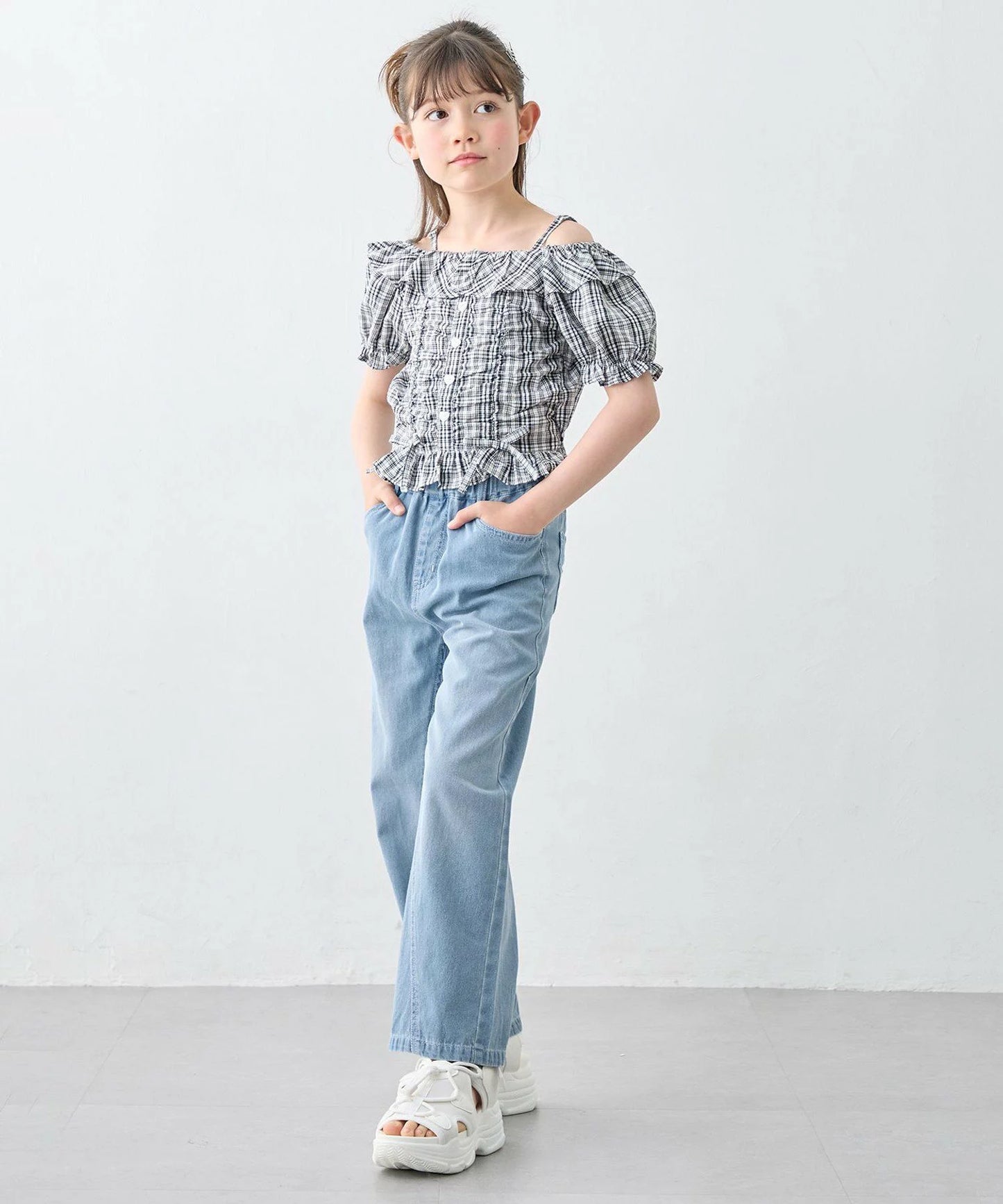 日本童裝 aF#a325 雙向格紋吊帶襯衫 110-160cm 女童款 夏季 TOPS