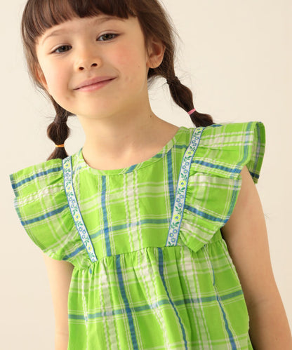 日本童裝 BE#AMS mini 格紋小飛袖上衣 90-140cm 女童款 夏季 TOPS
