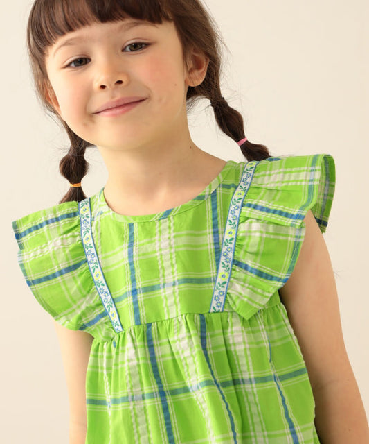 日本童裝 BE#AMS mini 格紋小飛袖上衣 90-140cm 女童款 夏季 TOPS