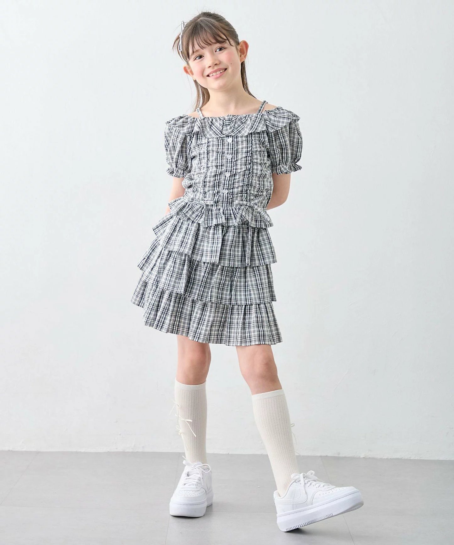 日本童裝 aF#a325 雙向格紋吊帶襯衫 110-160cm 女童款 夏季 TOPS