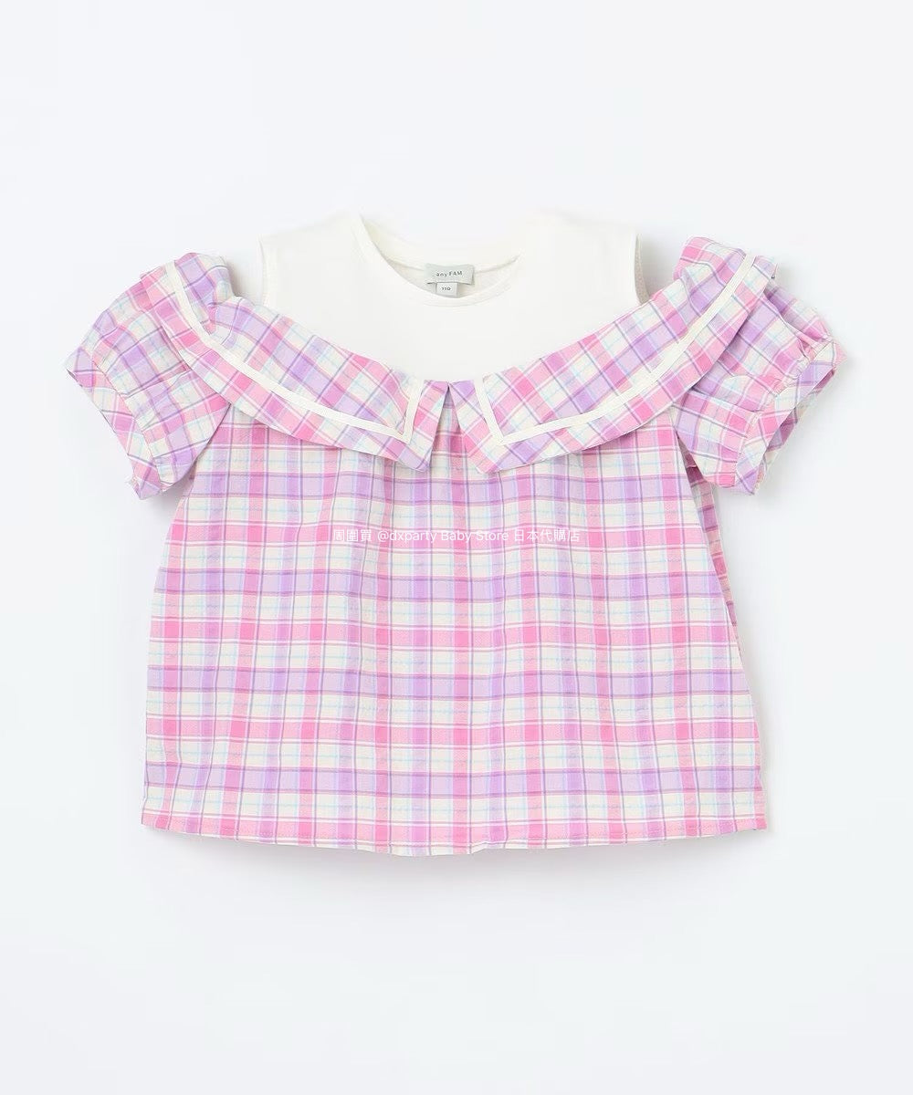Japanese children's clothing aF#a325 plaid off-the-shoulder top 110-160cm girls summer TOPS 
