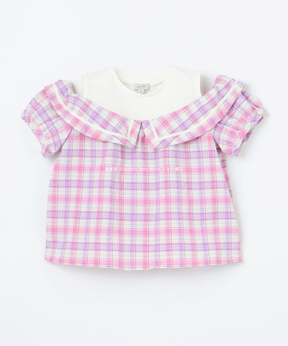 Japanese children's clothing aF#a325 plaid off-the-shoulder top 110-160cm girls summer TOPS 