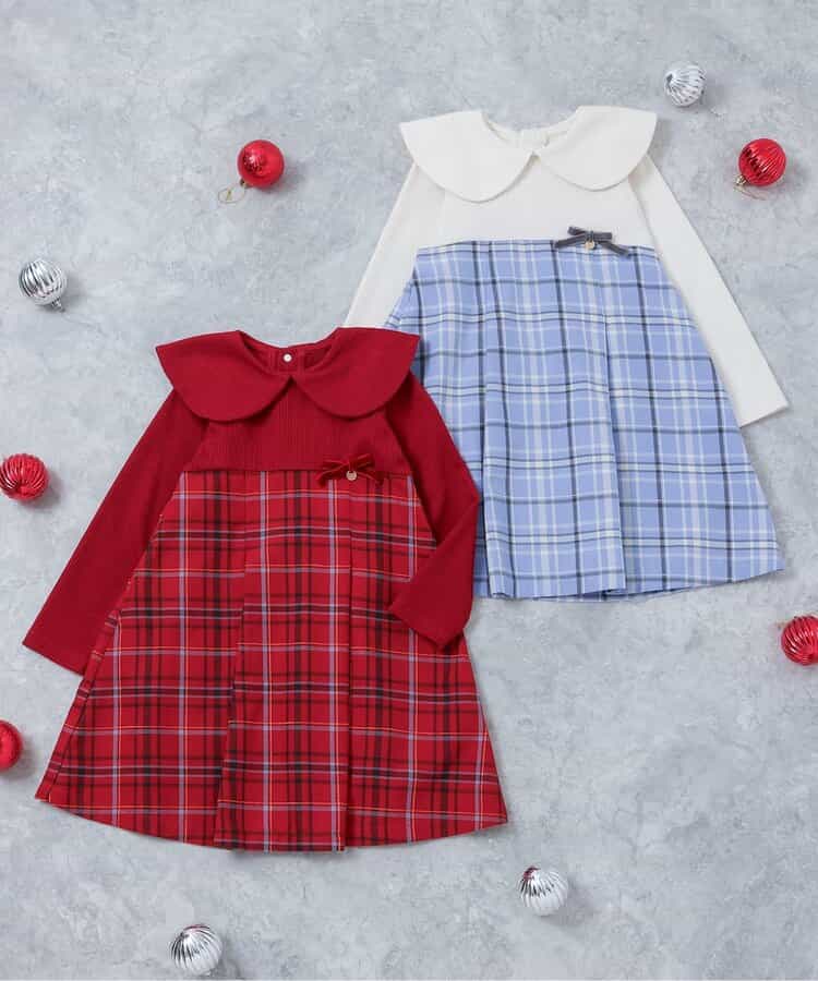 日本童裝 apres les cours 披肩格紋連身裙 80-140cm 女童款 冬季 DRESSES 聖誕紅/新年紅