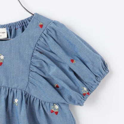 日本童裝 pe#main 士多啤梨刺繡泡芙袖上衣 80-130cm 女童款 夏季 TOPS
