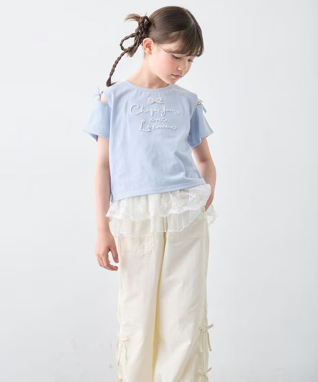 日本童裝 aF#a325 露肩刺繡上衣 110-160cm 女童款 夏季 TOPS