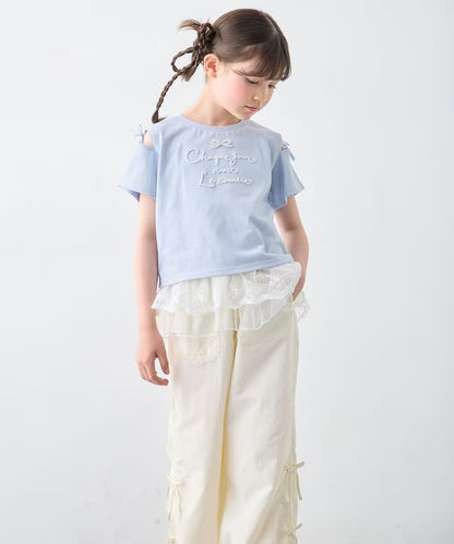 日本童裝 aF#a325 露肩刺繡上衣 110-160cm 女童款 夏季 TOPS