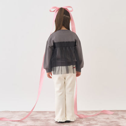 日本童裝 Ly# mine 抓毛緞帶薄紗拼接衛衣 100-150cm 女童款 冬季 TOPS