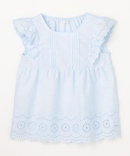 日本童裝 aF#a325 接觸冷感 蕾絲小飛袖刺繡上衣 90-150cm 女童款 夏季 TOPS