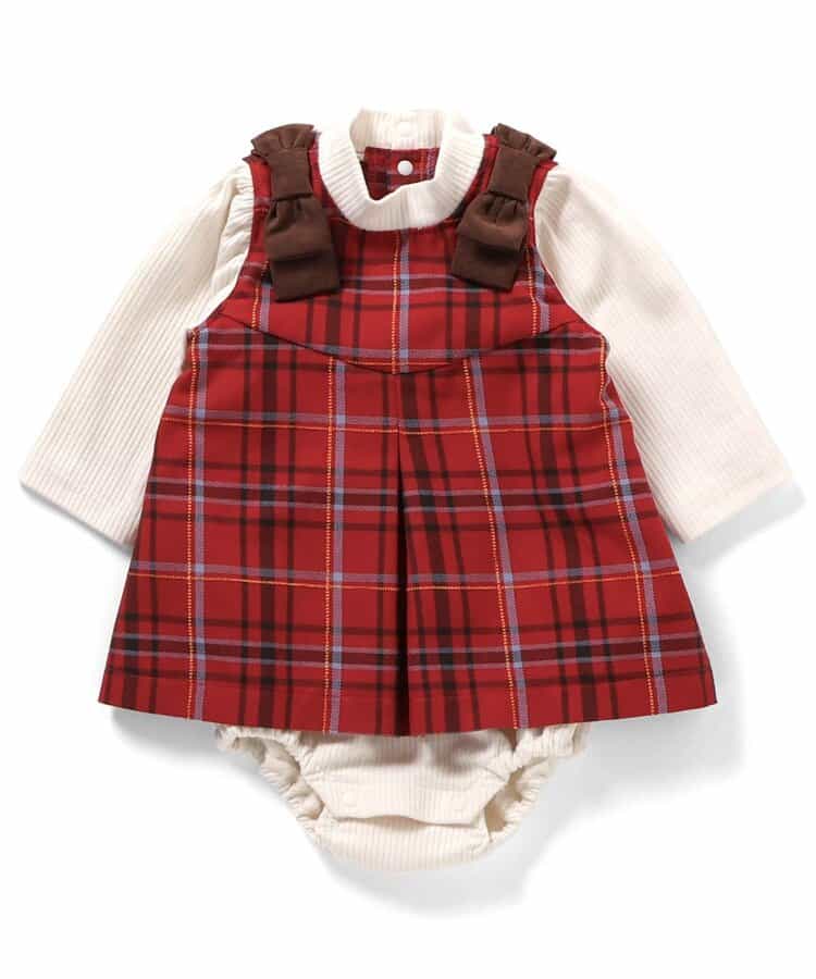 日本童裝 apres les cours 格仔連衣 70-80cm 女童款 冬季 Jumpsuit 聖誕紅/新年紅