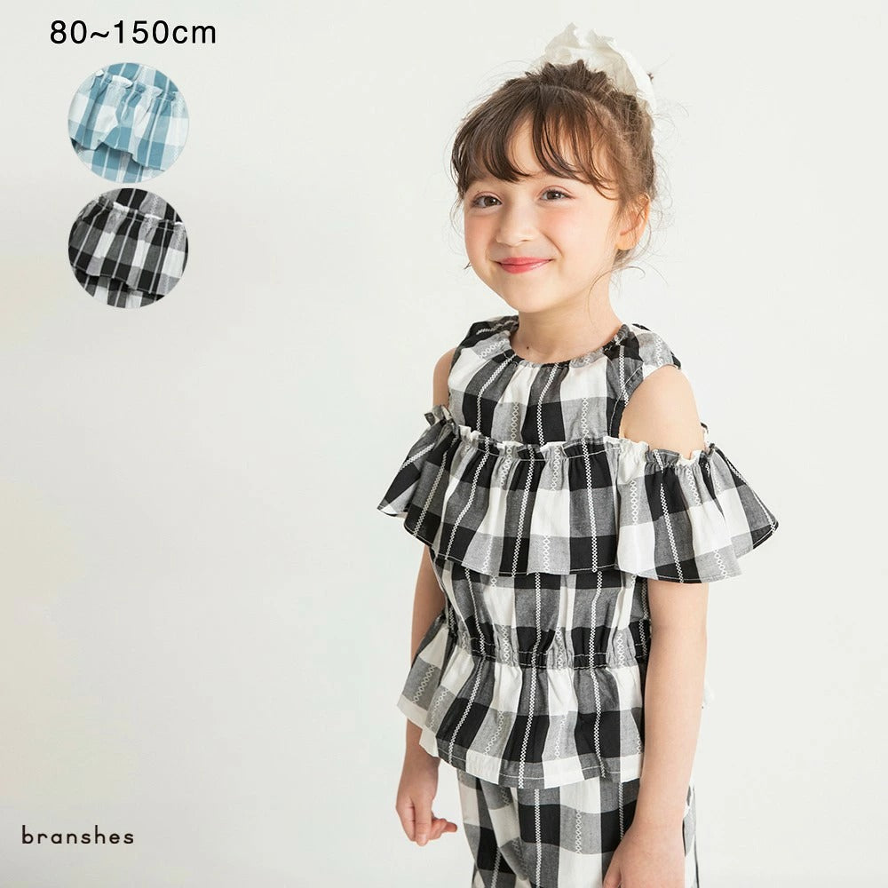 日本童裝 Branshes 格紋露肩上衣 80-150cm 女童款 夏季 TOPS