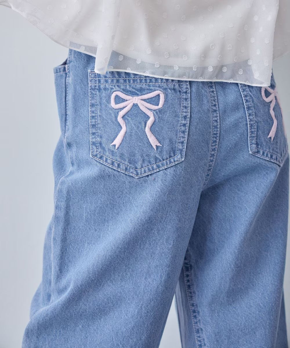 日本童裝 aF#a325 刺繡闊腳牛仔長褲 110-160cm 女童款 夏季 PANTS