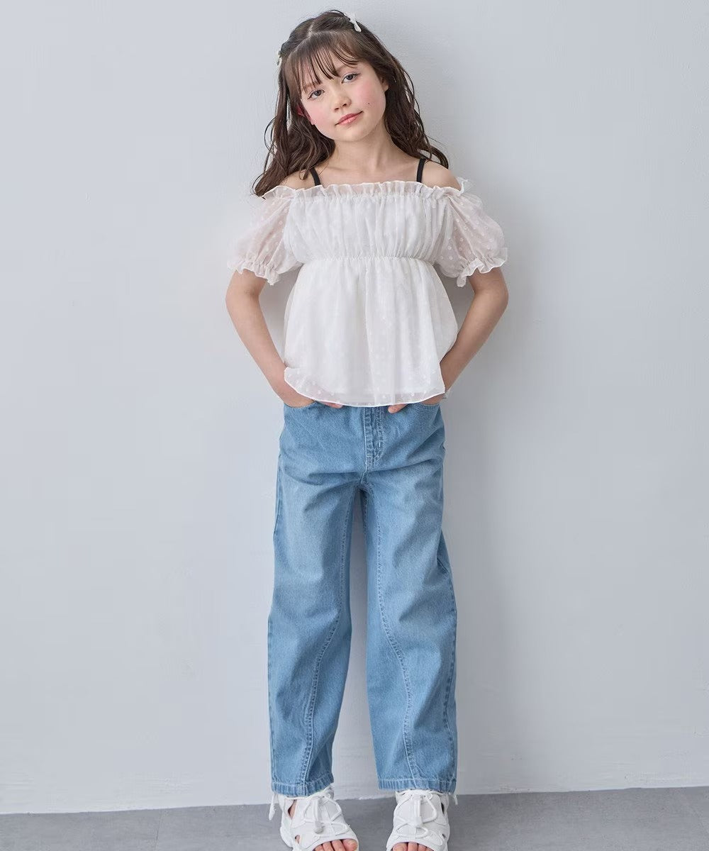 日本童裝 aF#a325 刺繡闊腳牛仔長褲 110-160cm 女童款 夏季 PANTS