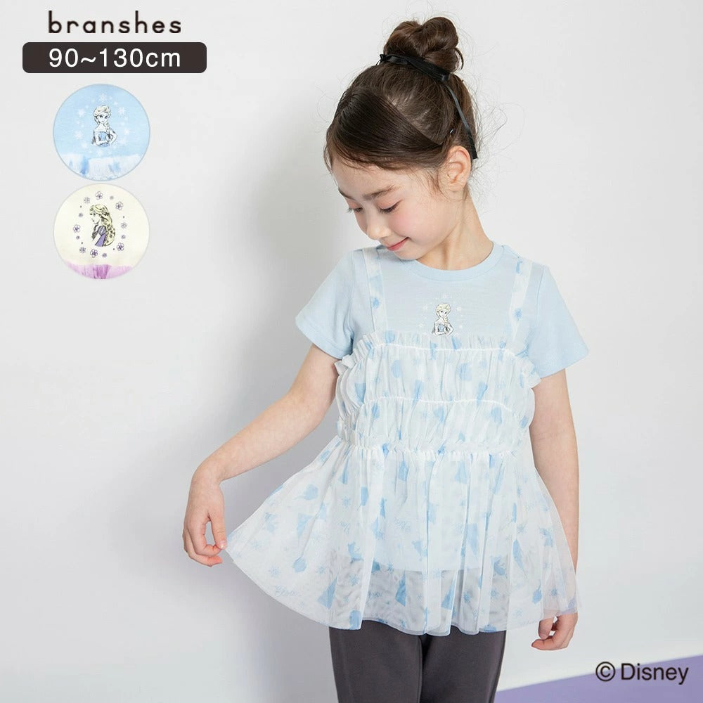 日本童裝 Branshes x Disney Frozen 印花上衣及薄紗吊帶衫套裝 90-130cm 女童款 夏季 TOPS