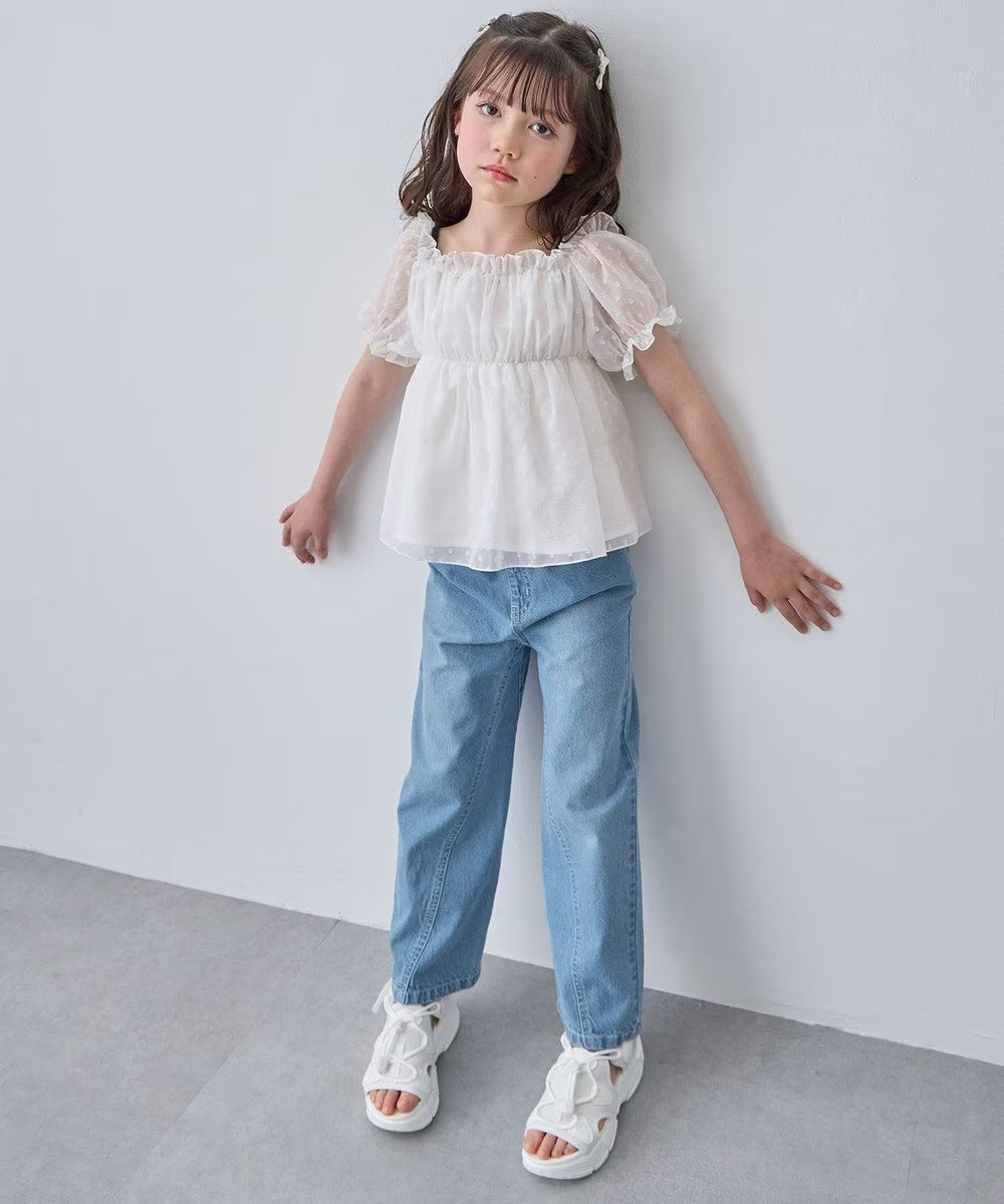 日本童裝 aF#a325 刺繡闊腳牛仔長褲 110-160cm 女童款 夏季 PANTS