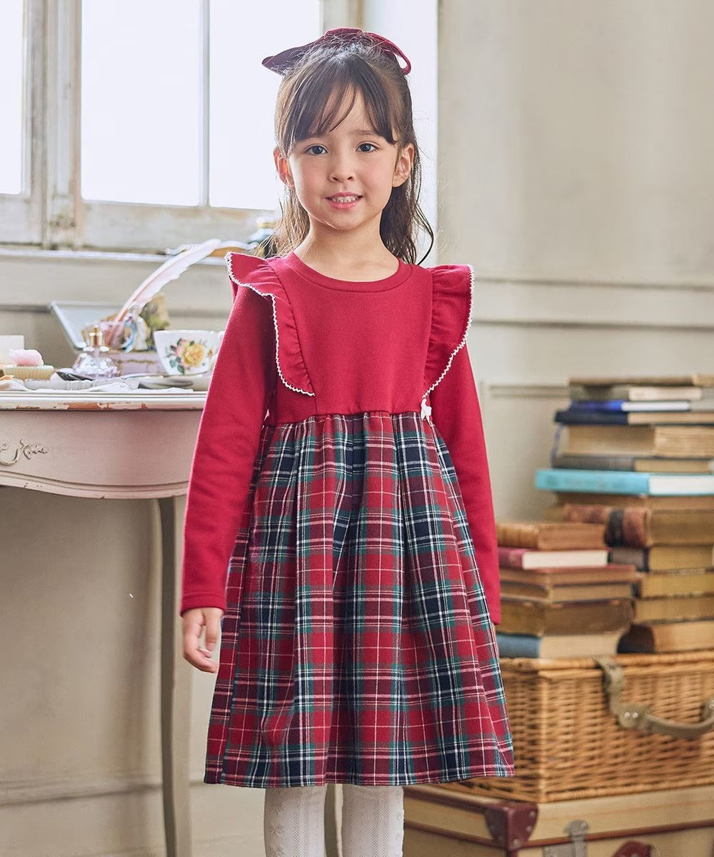 日本童裝 aF#a325 格紋拼接連衣裙 110-150cm 女童款 冬季 DRESSES 聖誕紅/新年紅