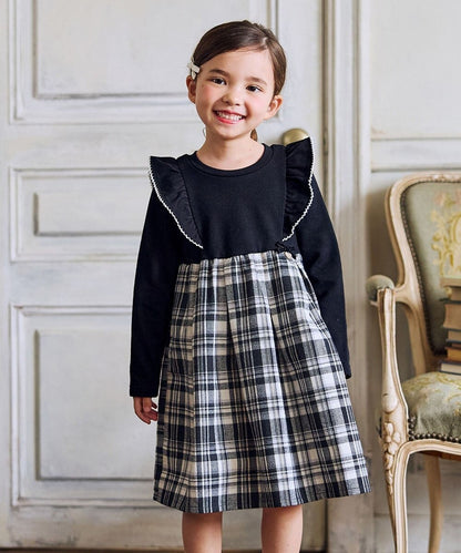 日本童裝 aF#a325 格紋拼接連衣裙 110-150cm 女童款 冬季 DRESSES 聖誕紅/新年紅