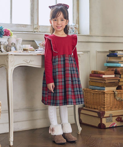 日本童裝 aF#a325 格紋拼接連衣裙 110-150cm 女童款 冬季 DRESSES 聖誕紅/新年紅