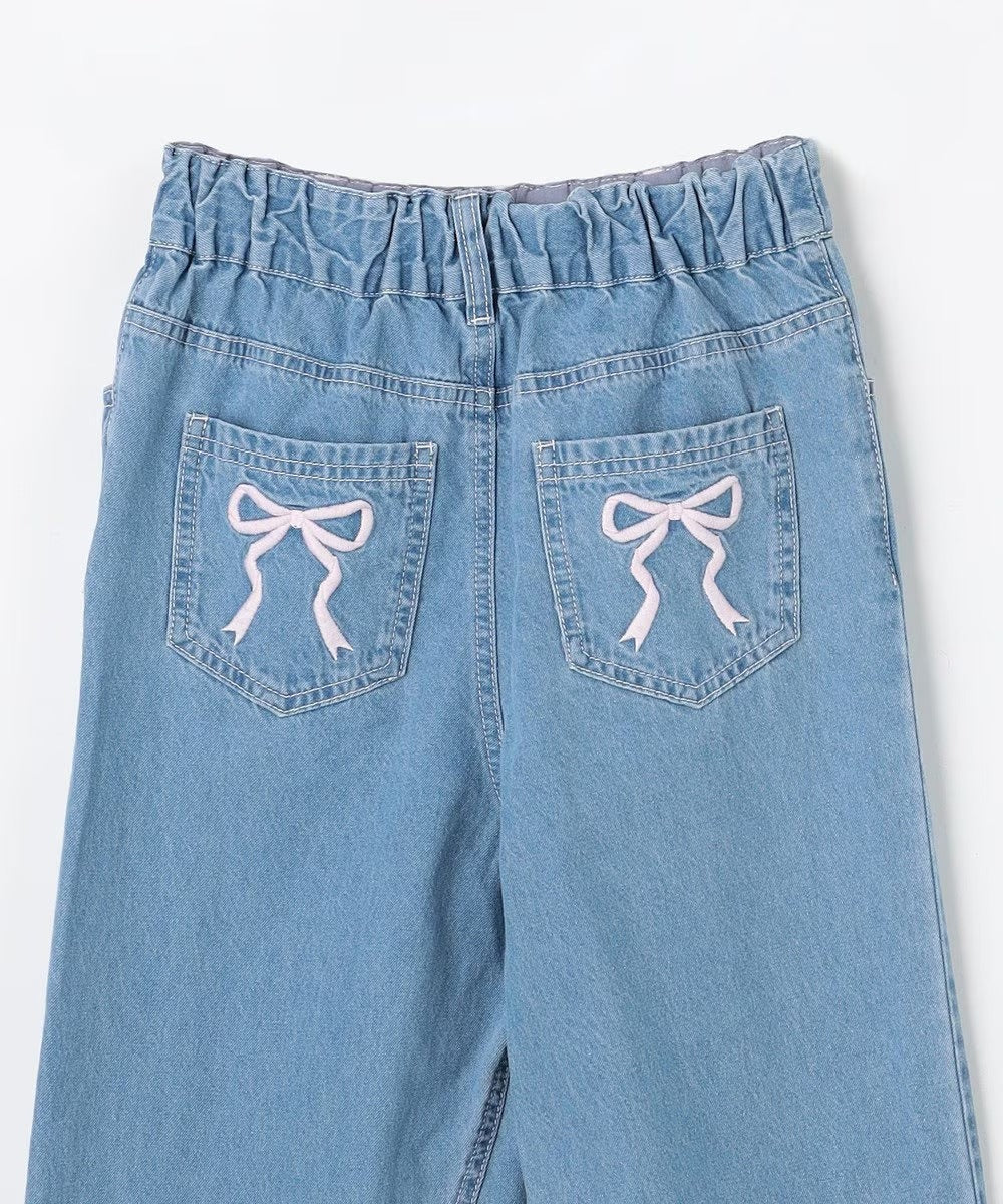 日本童裝 aF#a325 刺繡闊腳牛仔長褲 110-160cm 女童款 夏季 PANTS