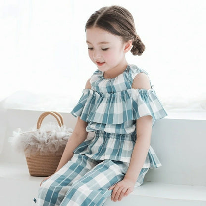 日本童裝 Branshes 格紋露肩上衣 80-150cm 女童款 夏季 TOPS