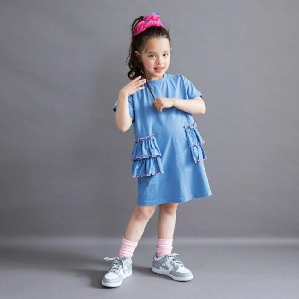 日本童裝 Branshes 撞色荷葉邊短袖連身裙 100-150cm 女童款 夏季 DRESSES