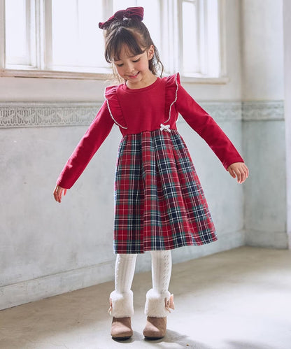 日本童裝 aF#a325 格紋拼接連衣裙 110-150cm 女童款 冬季 DRESSES 聖誕紅/新年紅