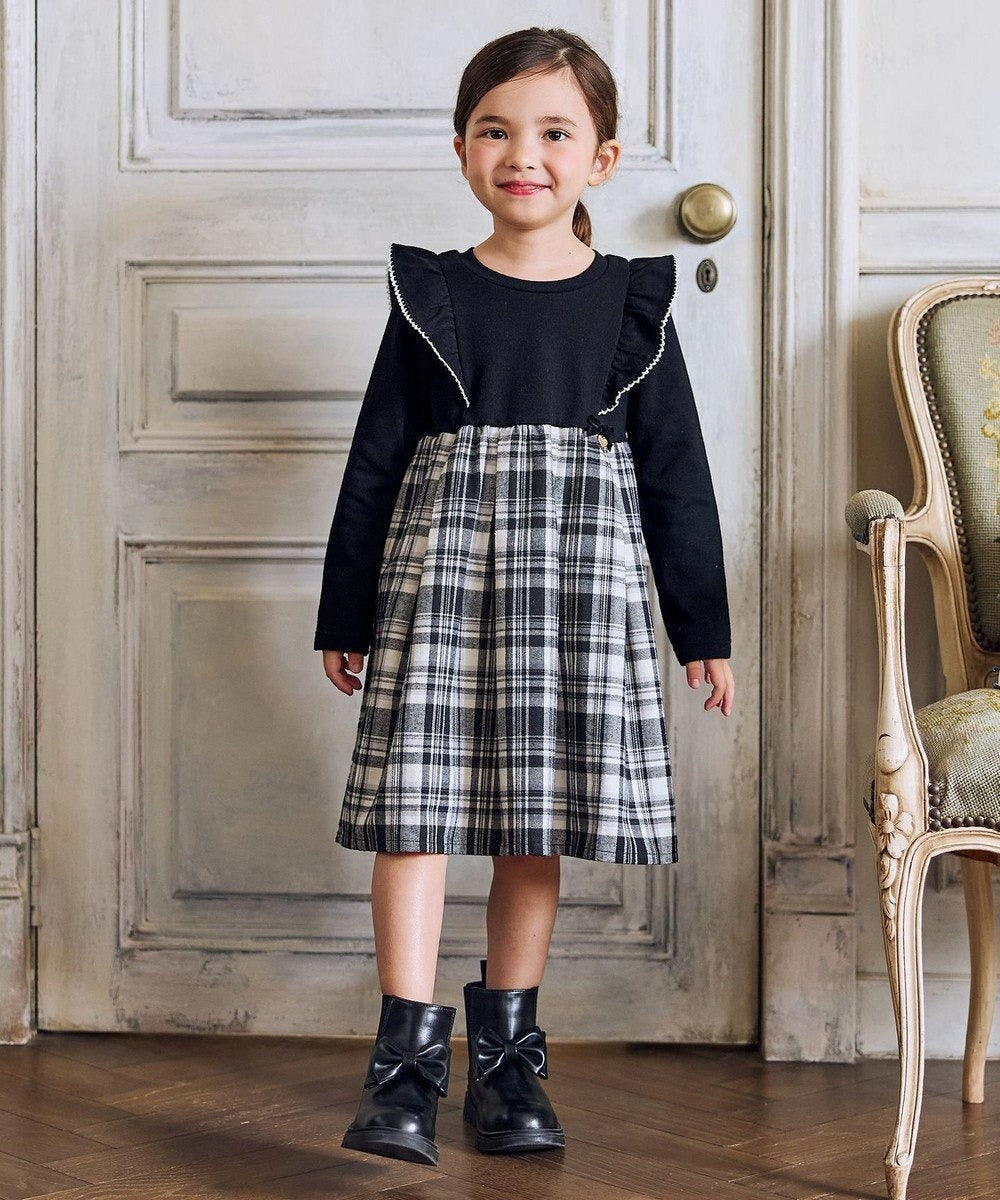 日本童裝 aF#a325 格紋拼接連衣裙 110-150cm 女童款 冬季 DRESSES 聖誕紅/新年紅