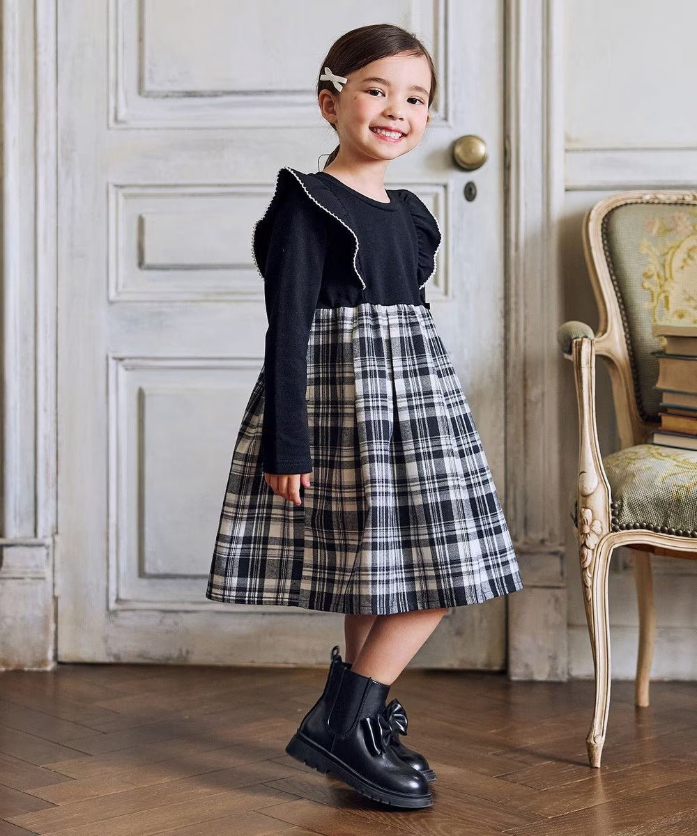 日本童裝 aF#a325 格紋拼接連衣裙 110-150cm 女童款 冬季 DRESSES 聖誕紅/新年紅