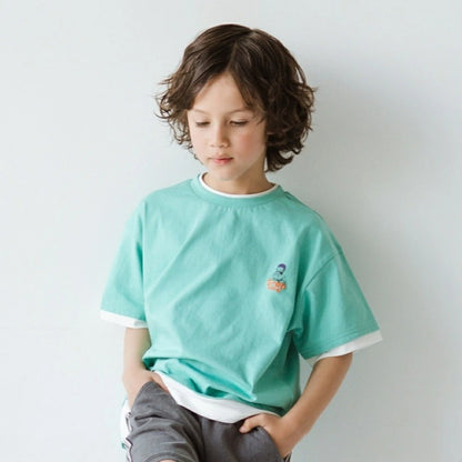 日本童裝 Branshes 假兩件刺繡短袖上衣 80-150cm 男童款 夏季 TOPS