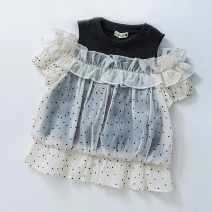 日本童裝 Branshes 拼接薄紗露肩上衣 90-150cm 女童款 夏季 TOPS