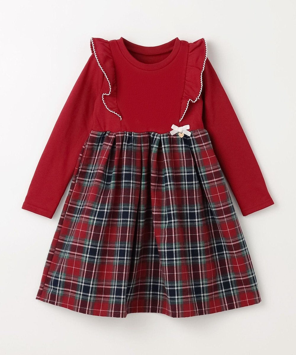 日本童裝 aF#a325 格紋拼接連衣裙 110-150cm 女童款 冬季 DRESSES 聖誕紅/新年紅