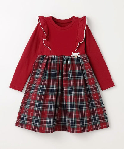 日本童裝 aF#a325 格紋拼接連衣裙 110-150cm 女童款 冬季 DRESSES 聖誕紅/新年紅