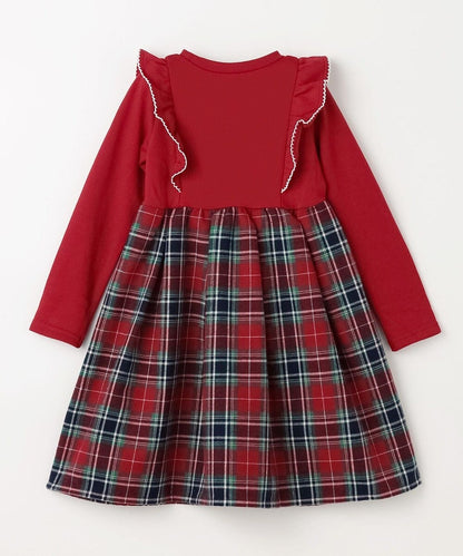 日本童裝 aF#a325 格紋拼接連衣裙 110-150cm 女童款 冬季 DRESSES 聖誕紅/新年紅