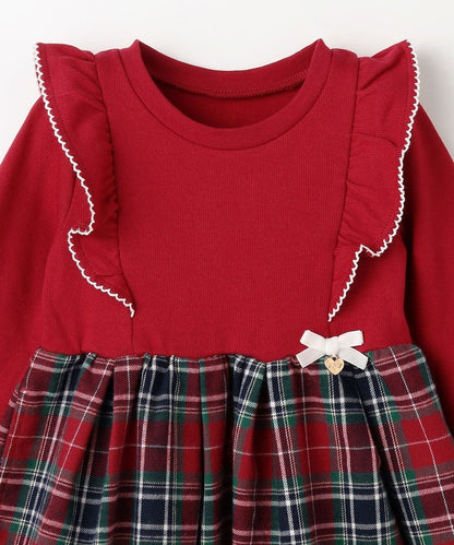 日本童裝 aF#a325 格紋拼接連衣裙 110-150cm 女童款 冬季 DRESSES 聖誕紅/新年紅