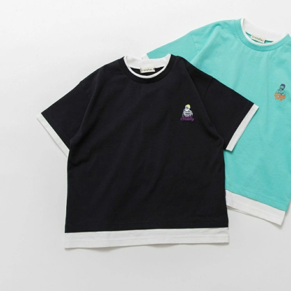 日本童裝 Branshes 假兩件刺繡短袖上衣 80-150cm 男童款 夏季 TOPS