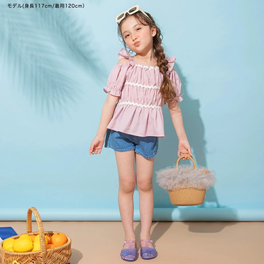 日本童裝 Branshes 露肩褶皺上衣 80-150cm 女童款 夏季 TOPS