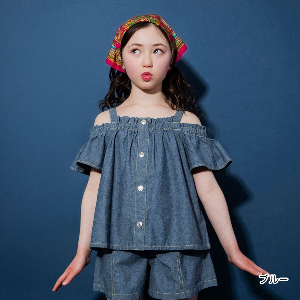 日本童裝 Branshes【Ou? by EDWIN】露肩牛仔吊帶上衣 90-150cm 女童款 夏季 TOPS