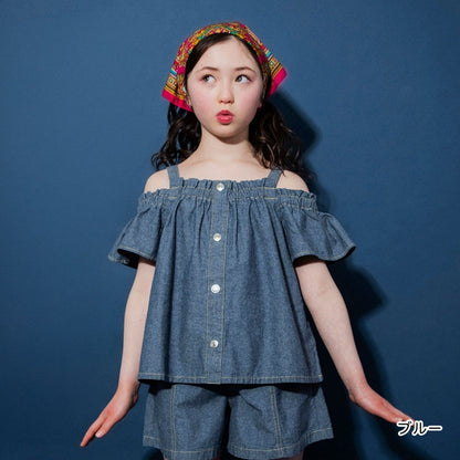 日本童裝 Branshes【Ou? by EDWIN】露肩牛仔吊帶上衣 90-150cm 女童款 夏季 TOPS