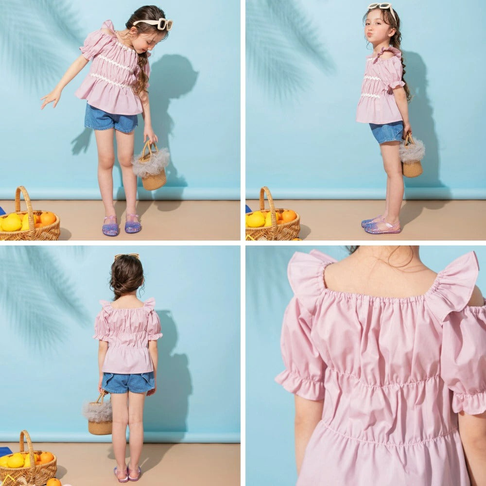日本童裝 Branshes 露肩褶皺上衣 80-150cm 女童款 夏季 TOPS