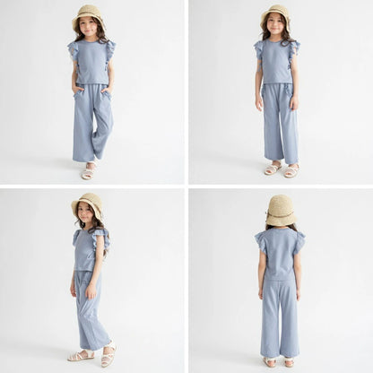 日本童裝 Branshes 荷葉邊袖上衣長褲套裝 80-150cm 女童款 夏季 PANTS