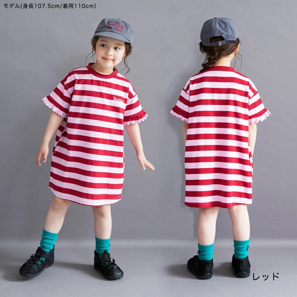 日本童裝 Branshes 花邊裙間條T裙 100-150cm 女童款 夏季 DRESSES