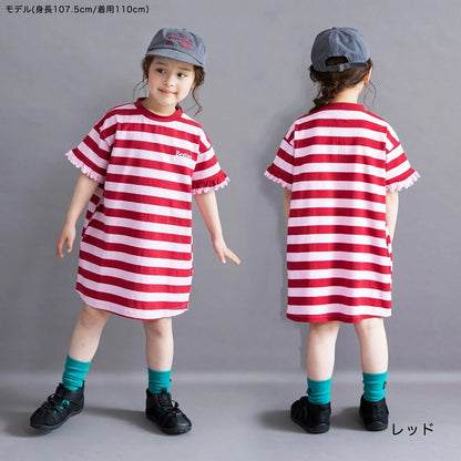 日本童裝 Branshes 花邊裙間條T裙 100-150cm 女童款 夏季 DRESSES