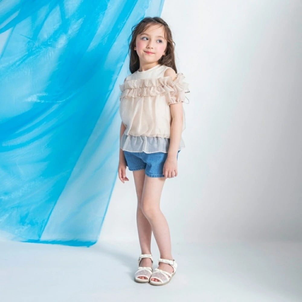 日本童裝 Branshes 拼接薄紗露肩上衣 90-150cm 女童款 夏季 TOPS