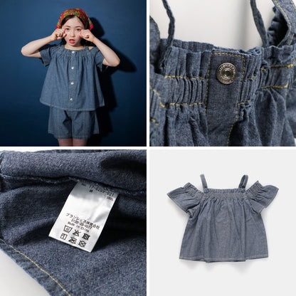 日本童裝 Branshes【Ou? by EDWIN】露肩牛仔吊帶上衣 90-150cm 女童款 夏季 TOPS