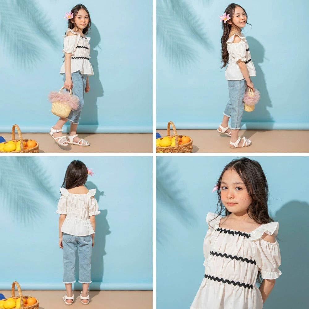 日本童裝 Branshes 露肩褶皺上衣 80-150cm 女童款 夏季 TOPS