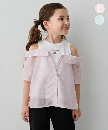 日本童裝 aF#a325 接觸冷感 露肩拼接格紋襯衫 110-150cm 女童款 夏季 TOPS (副本)