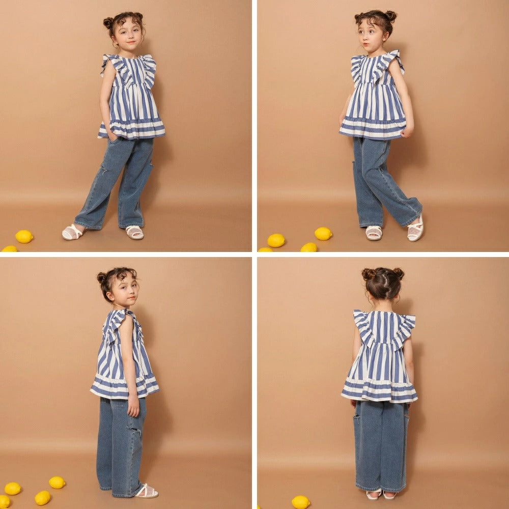 日本童裝 Branshes 染色條紋束腰上衣 80-150cm 女童款 夏季 TOPS