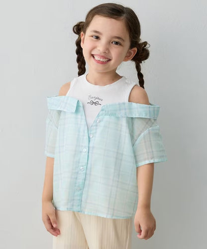 日本童裝 aF#a325 接觸冷感 露肩拼接格紋襯衫 110-150cm 女童款 夏季 TOPS (副本)